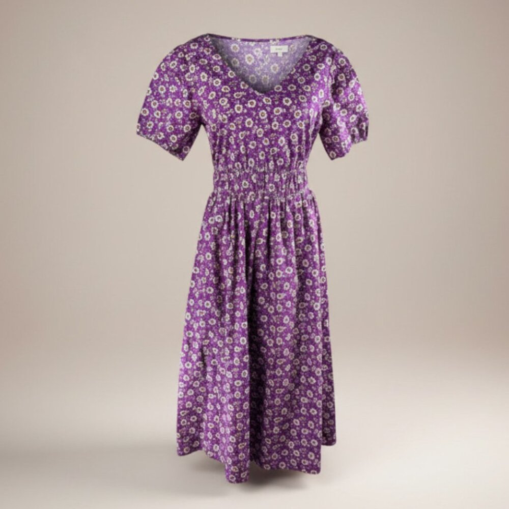 J. Crew Factory Purple Floral Smocked Waist Cotton Poplin Midi Dress Size 2